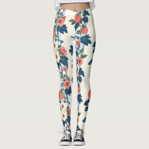 Vintage Strawberries & Blue Leaves Floral Pattern Leggings
