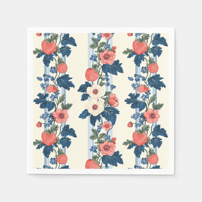 Vintage Strawberries & Blue Leaves Floral Pattern Napkin (Front)