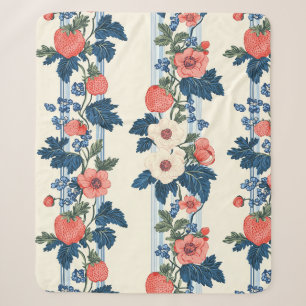Vintage Strawberries & Blue Leaves Floral Pattern Sherpa Blanket
