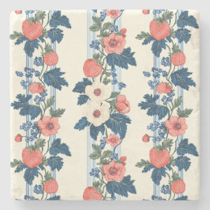 Vintage Strawberries & Blue Leaves Floral Pattern Stone Coaster