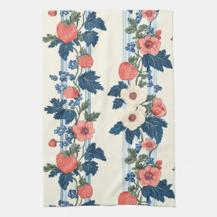 Vintage Strawberries & Blue Leaves Floral Pattern Tea Towel