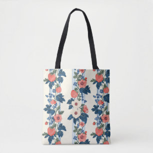 Vintage Strawberries & Blue Leaves Floral Pattern Tote Bag
