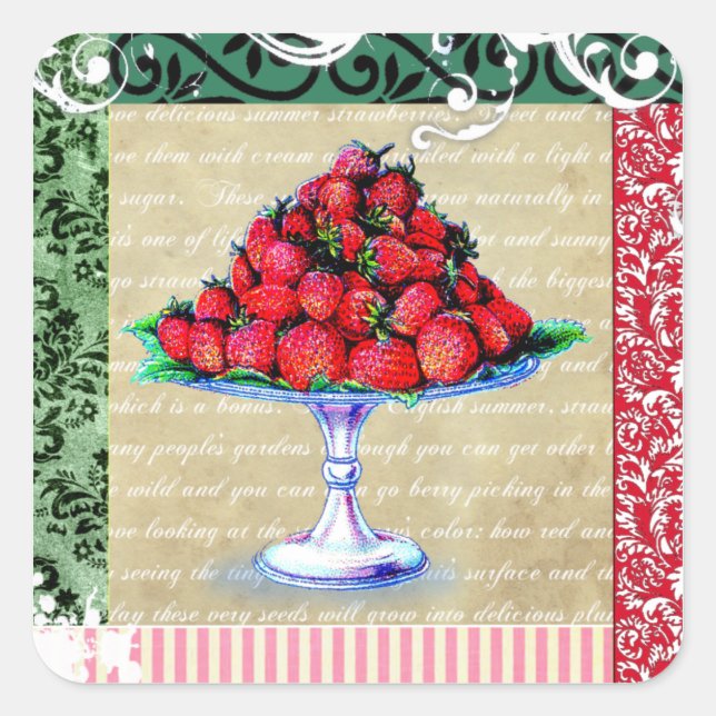 Vintage Strawberries Collage Square Sticker (Front)