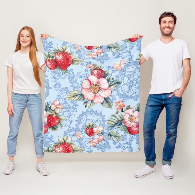 Vintage Strawberries & Flowers Pattern Fleece Blanket (In Situ)