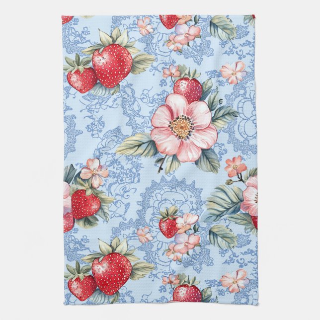 Vintage Strawberries & Flowers Pattern Tea Towel (Vertical)