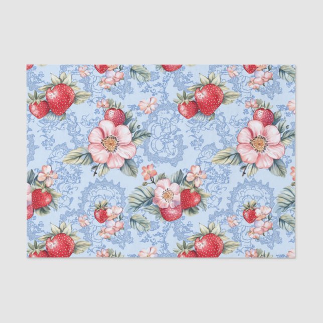 Vintage Strawberries & Flowers Pattern Tissue Paper (Front)