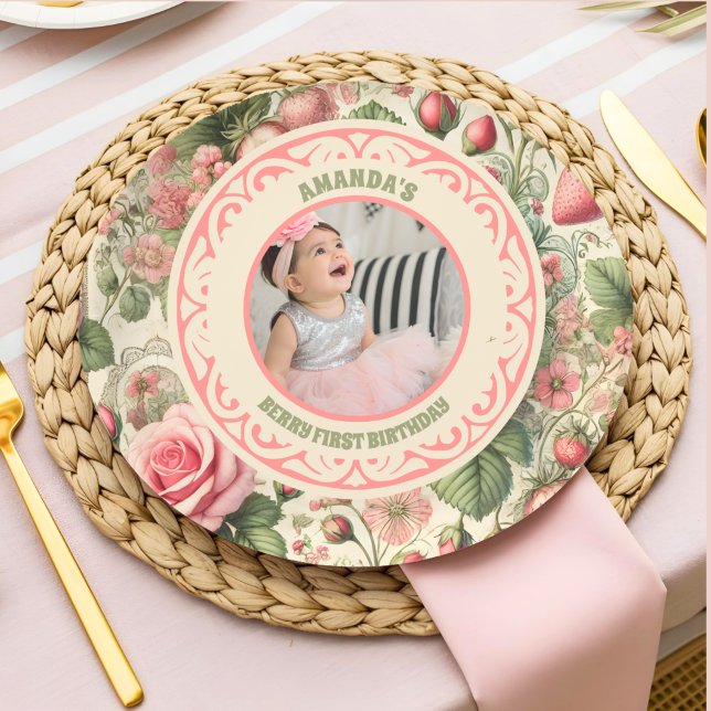Vintage Strawberry 1st Birthday Party Photo  Paper Plate (Creator Uploaded)