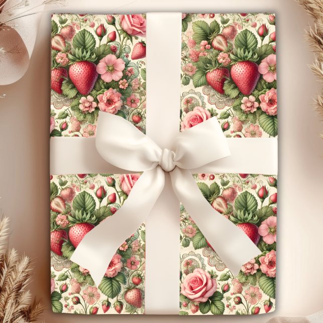 Vintage Strawberry 1st Birthday Party  Wrapping Paper (Creator Uploaded)