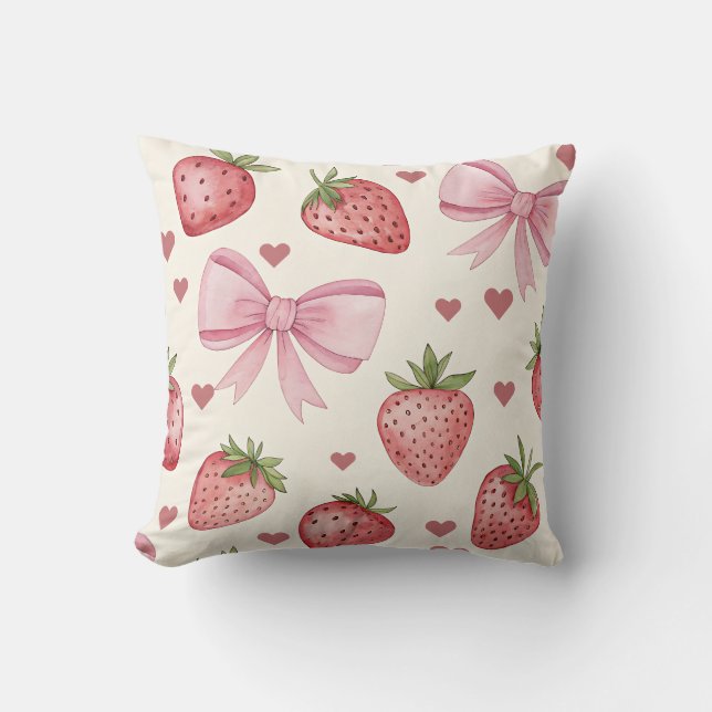 Vintage Strawberry and Pink Bows Coquette Pillow (Front)