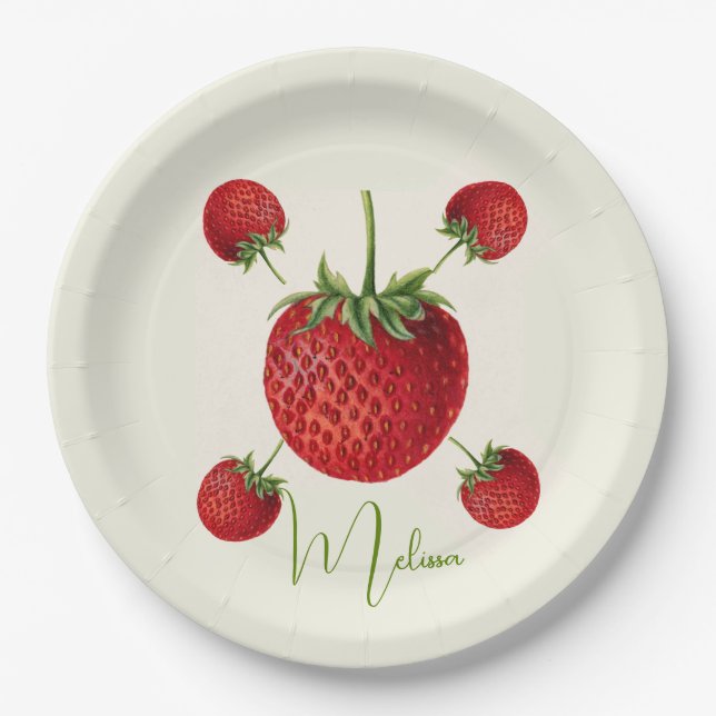 Vintage Strawberry Art Name Personalized Paper Plate (Front)