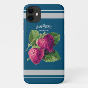 Vintage Strawberry Berry Add Your Name Blue Green Case-Mate iPhone Case