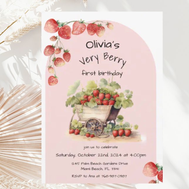 Vintage Strawberry Berry First 1st Birthday Party Invitation (Creator Uploaded)