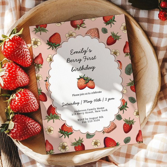Vintage Strawberry Berry First Birthday Invitation (Creator Uploaded)
