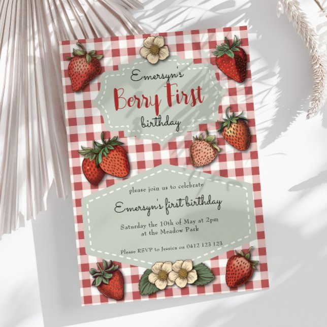 Vintage Strawberry Berry First Gingham Birthday  Invitation (Creator Uploaded)