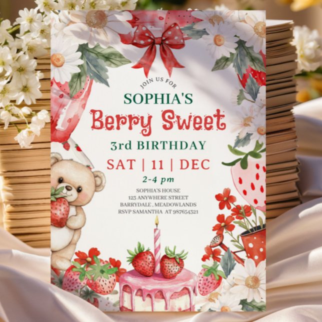 Vintage Strawberry Berry Sweet 3rd Birthday Invitation (Creator Uploaded)
