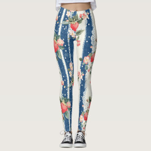 Vintage Strawberry Blue Cream Cottagecore Leggings