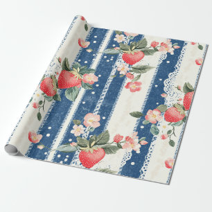 Vintage Strawberry Blue Cream Cottagecore Wrapping Paper