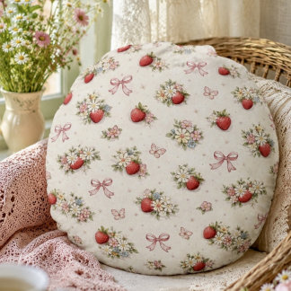 Vintage Strawberry Floral Seamless cottagecore Round Cushion