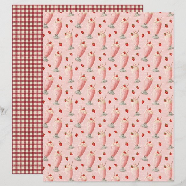 Vintage Strawberry Milkshake Scrapbook Paper (Front/Back)