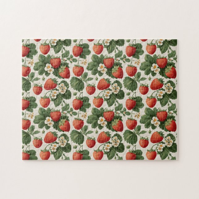 Vintage Strawberry Pattern with Blossoms Jigsaw Puzzle (Horizontal)