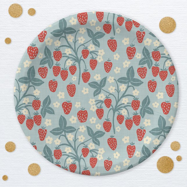 Vintage Strawberry Plant Pattern Paper Plate (Vintage style strawberry plant pattern party paper plates)