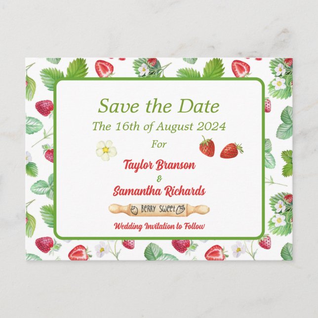 Vintage Strawberry Save the Date Postcard (Front)