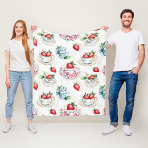 Vintage Strawberry Teacup Floral Pattern Fleece Blanket