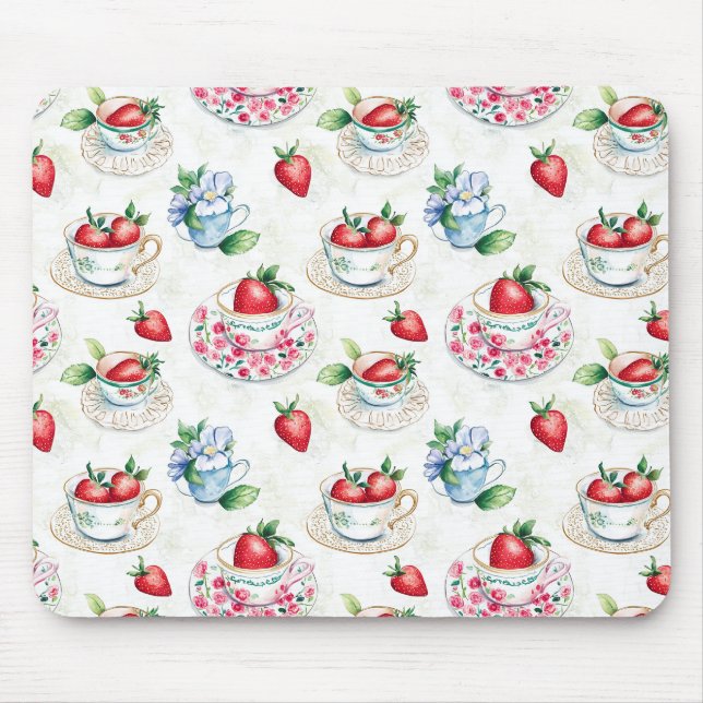 Vintage Strawberry Teacup Floral Pattern Mouse Pad (Front)