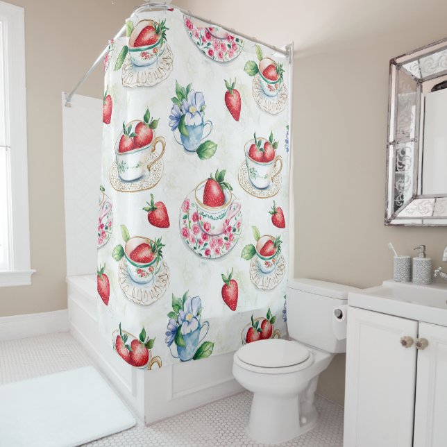 Vintage Strawberry Teacup Floral Pattern Shower Curtain (In Situ)