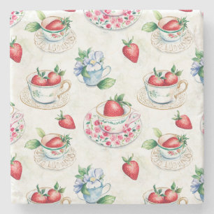 Vintage Strawberry Teacup Floral Pattern Stone Coaster