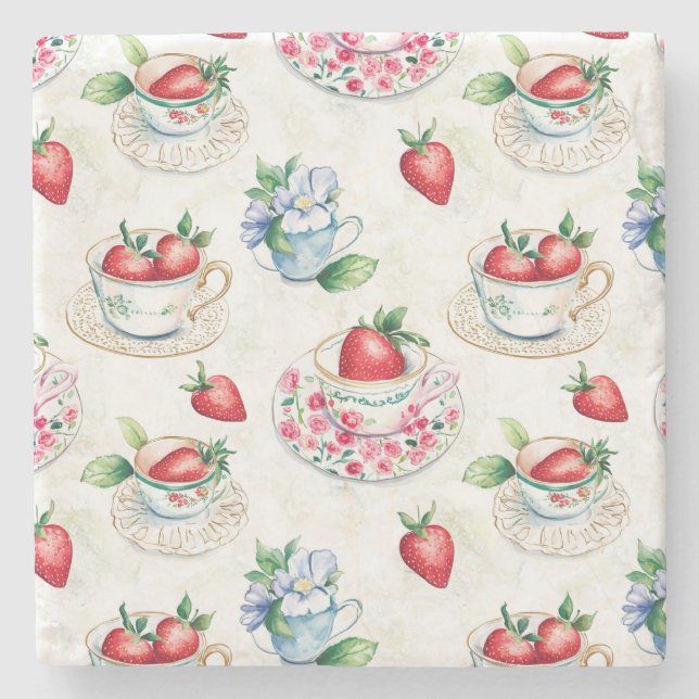 Vintage Strawberry Teacup Floral Pattern Stone Coaster (Front)