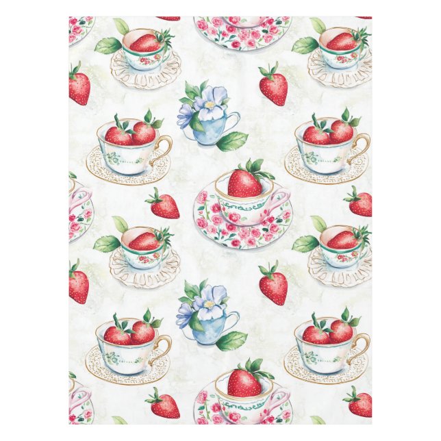 Vintage Strawberry Teacup Floral Pattern Tablecloth (Front)