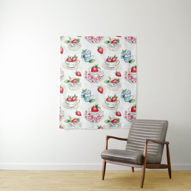 Vintage Strawberry Teacup Floral Pattern Tapestry (In Situ)