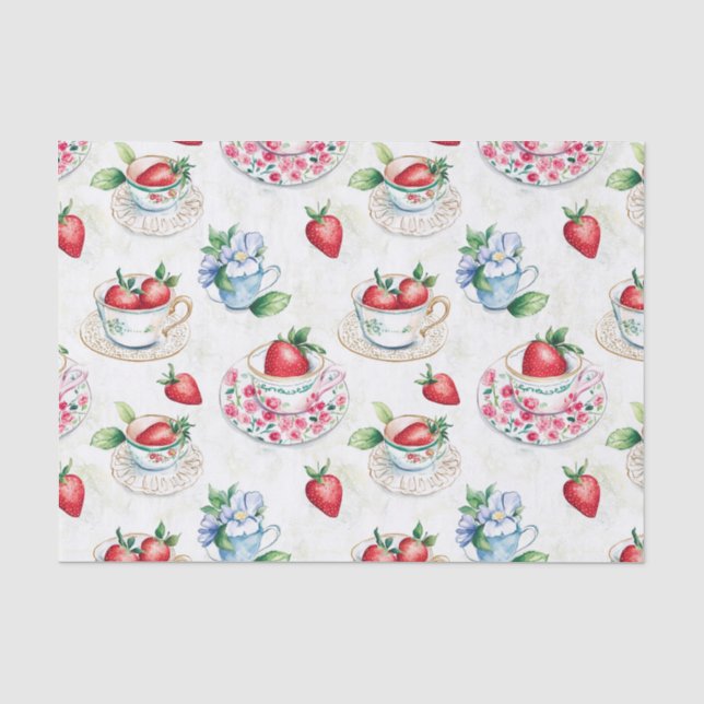Vintage Strawberry Teacup Floral Pattern Tissue Paper (Front)