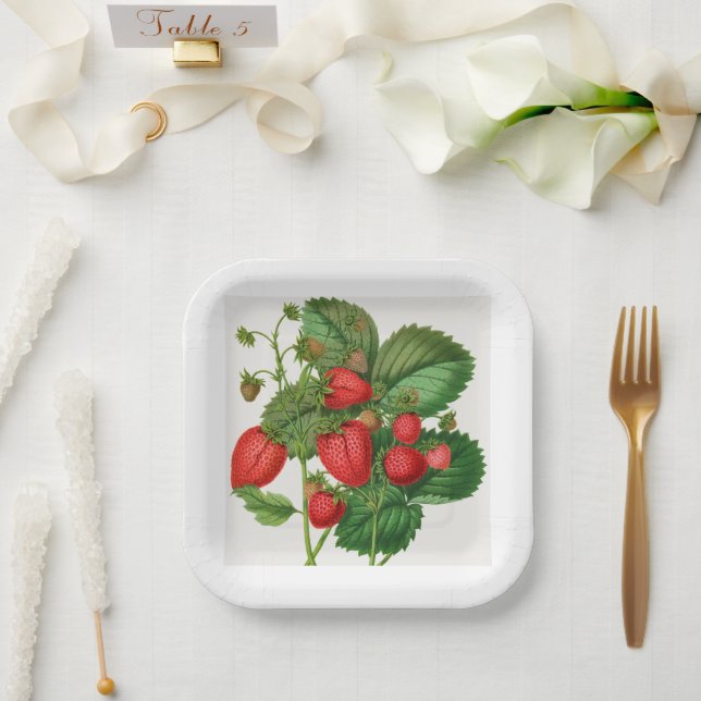 Vintage Strawberry With Foliage Paper Plate (Wedding)