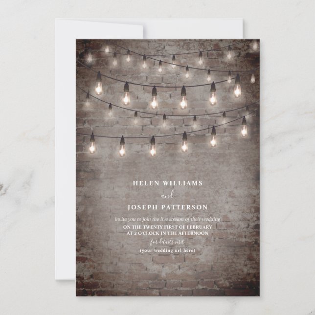 Vintage String Light Industrial Brick Virtual Invitation (Front)