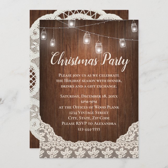 Vintage String Lights Mason Jar Christmas Party Invitation (Front/Back)