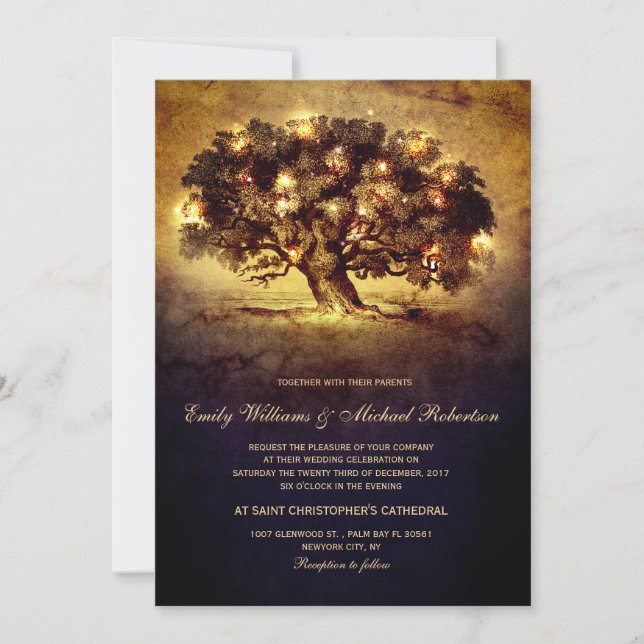 Vintage String Lights Oak Tree Country Wedding Invitation (Front)