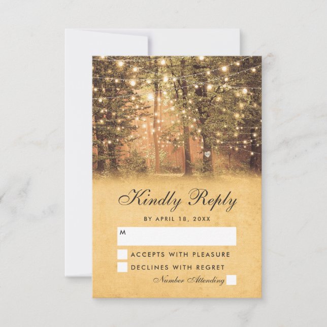 Vintage String Lights Rustic Tree Wedding RSVP Card (Front)