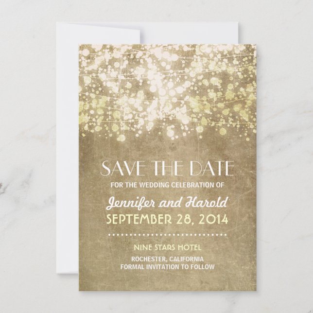 vintage string lights save the date cards (Front)