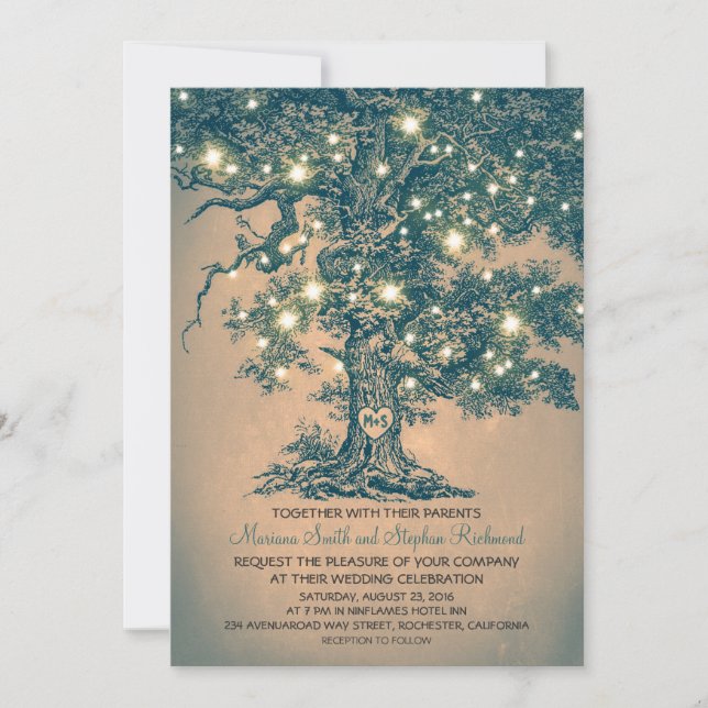 Vintage String Lights Tree Rustic Wedding Invites (Front)