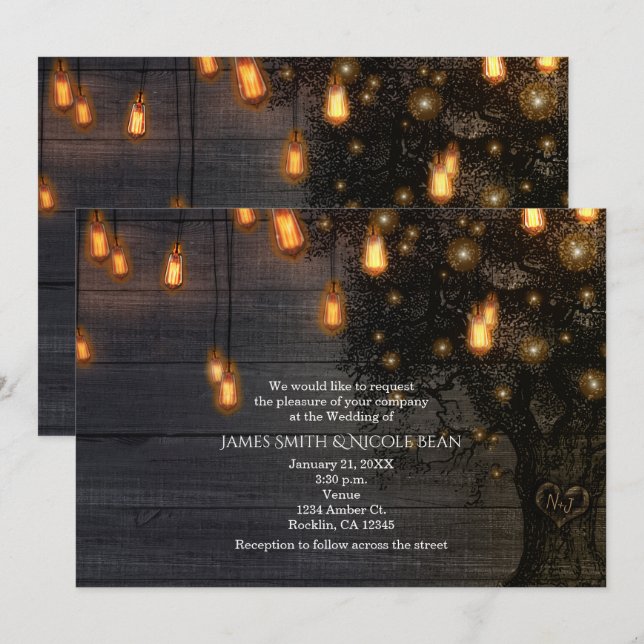 Vintage String Lights & Tree Wedding Invitations (Front/Back)
