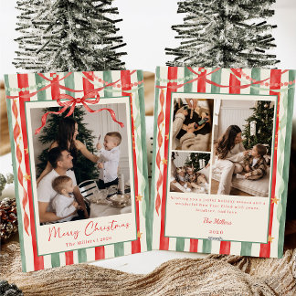 Vintage Stripe Bow Christmas Family Photo Holiday Card