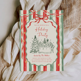 Vintage Stripe Bow Holiday Party Invitation
