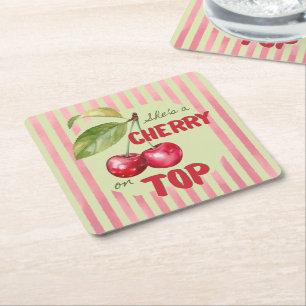 Vintage Stripe Cherry Garden Baby Shower Square Paper Coaster