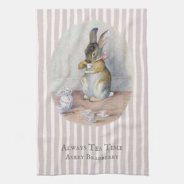 Vintage Stripe Miss Bunny Teatime Tea Towel (Vertical)