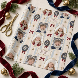 Vintage Stripe Oval Photo Collage Burgundy Bow Wrapping Paper