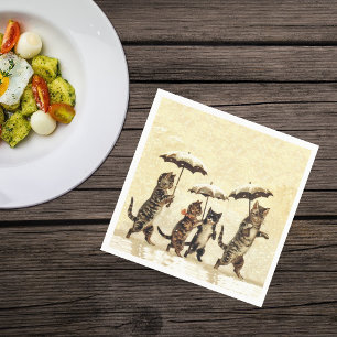 Vintage Striped Cats Umbrellas Dancing Snow Napkin