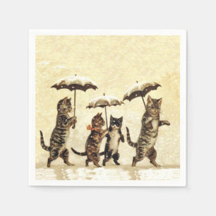 Vintage Striped Cats Umbrellas Dancing Snow Napkin