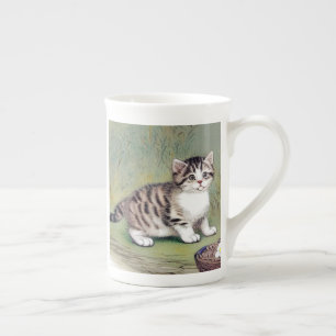 Vintage Striped Kitten Illustration Bone China Mug